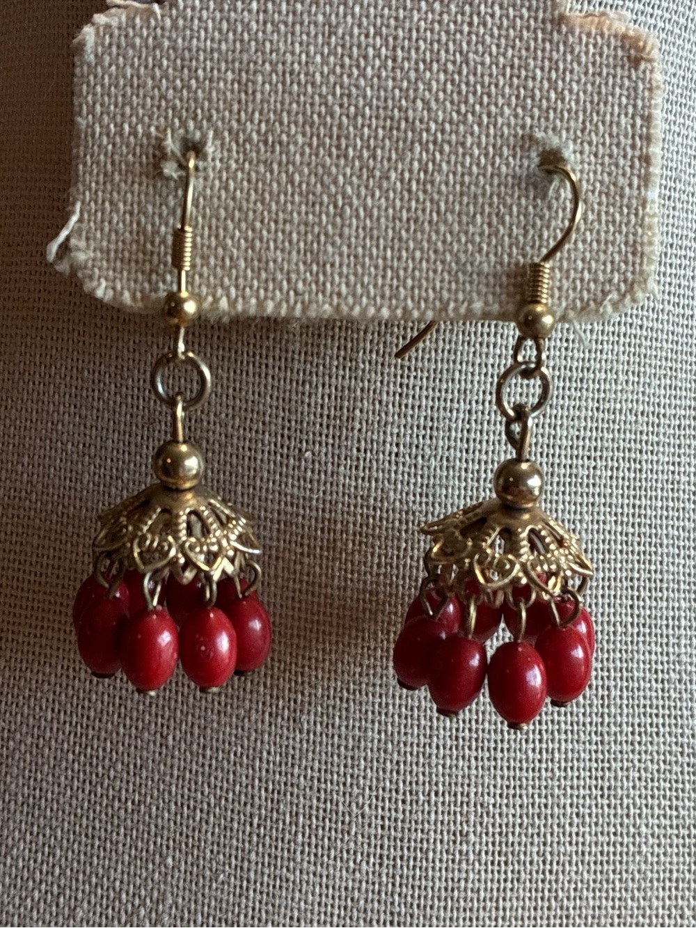 Gold Accented Red Beaded Chandelier Dangle Earrings